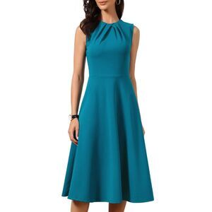 Women Elegant Dress Sleeveless Crew Neck Pleated A Line Dress Peacock Blue